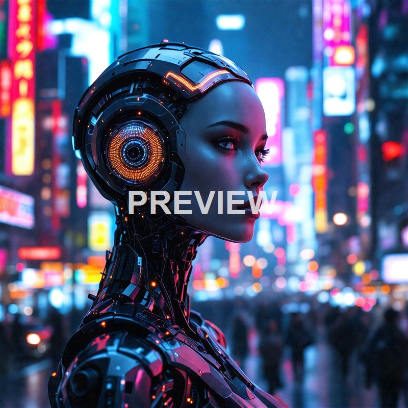 A futuristic cybernetic woman with illuminated mechanical parts integrated into her head and neck, set against a vibrant, neon-lit cityscape at night.